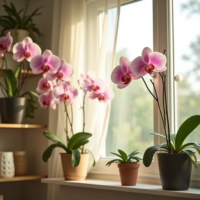 Apartamento bem ventilado com orquídeas penduradas e em prateleiras perto da janela