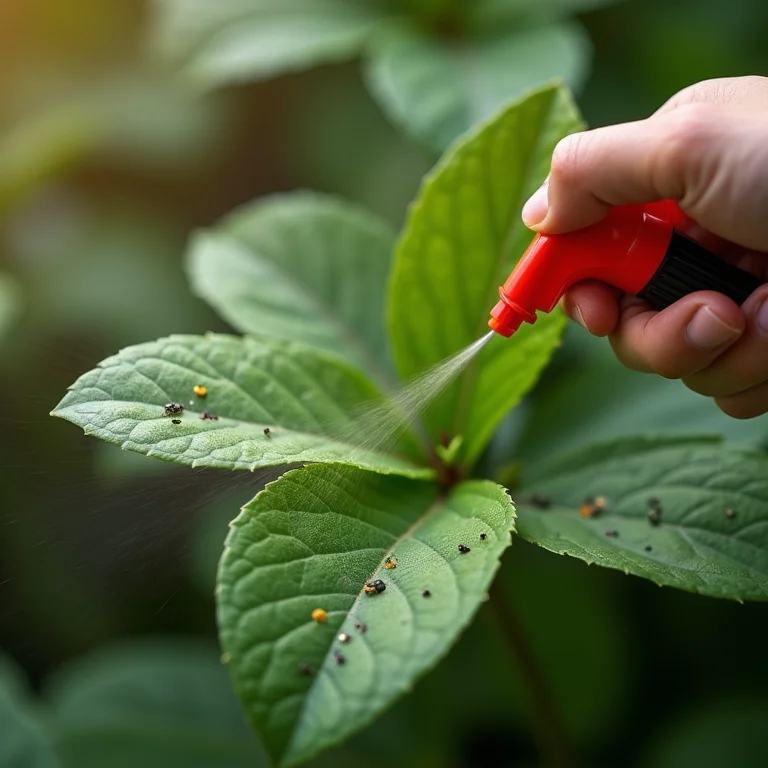 Aplicação de inseticida orgânico em folhas de petúnia com pulgões.