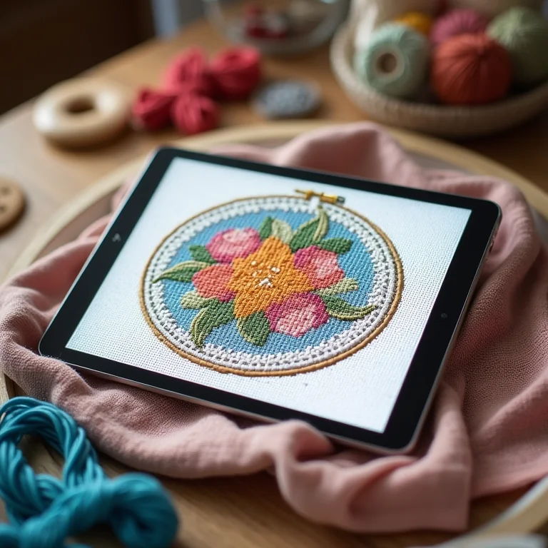 Aplicativo de ponto cruz em um tablet com materiais de bordado