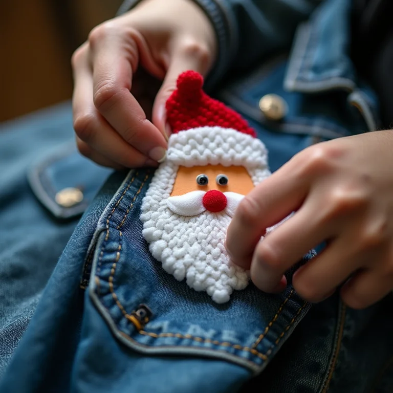Aplique de Papai Noel em EVA sendo colado em jaqueta jeans