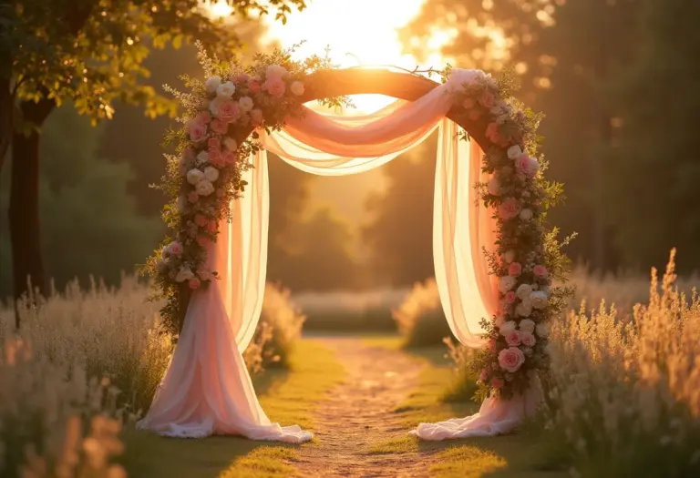 Arco floral decorado para casamento ao ar livre na luz dourada do entardecer