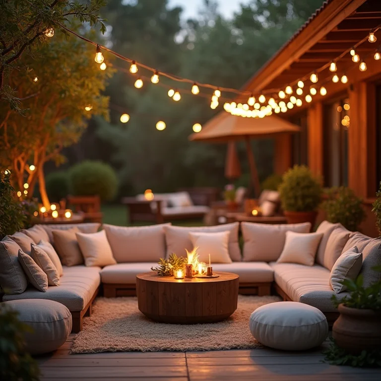 Área de lounge aconchegante com móveis de madeira e iluminação suave para casamento ao ar livre