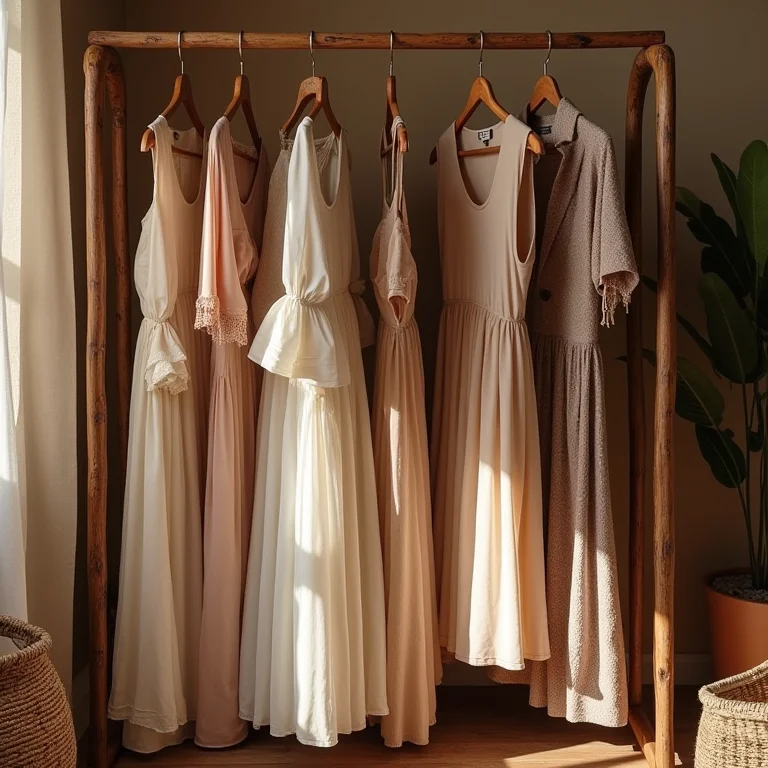 Armario capsula feminino inverno com estilo boho chic, incluindo vestidos fluidos, tons terrosos e texturas sobrepostas.