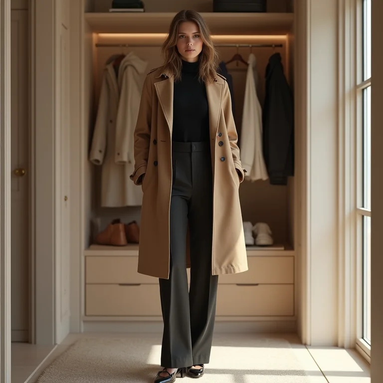 Armario capsula feminino inverno em estilo clássico com trench coat, gola alta preta e calças de alfaiataria.