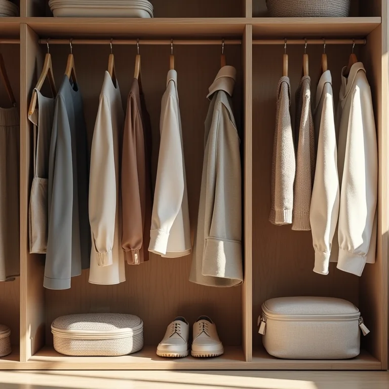 Armario capsula feminino inverno temático para viagem, com roupas leves e compactas, como jaqueta versátil, sapatos confortáveis e blusas neutras.