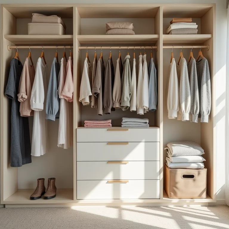 Armário organizado com roupas dobradas e espaço otimizado.
