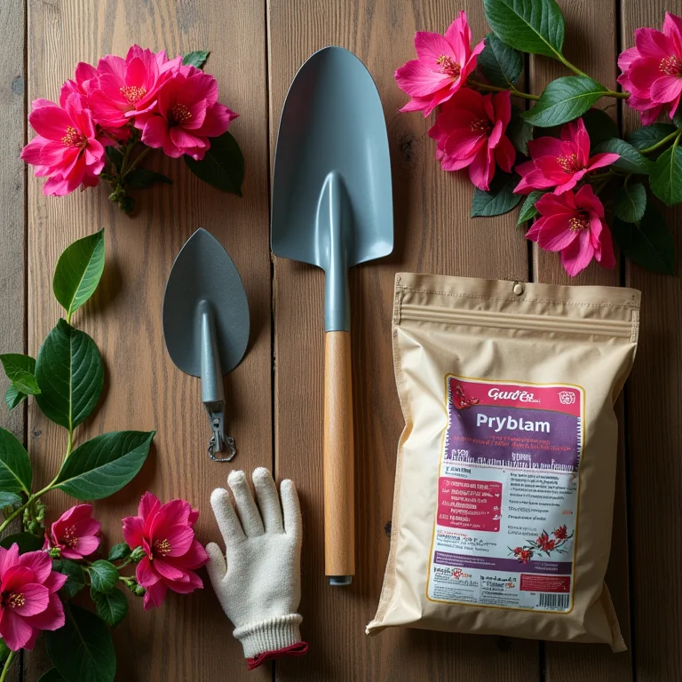 Arranjo de ferramentas de jardinagem, adubo e mudas de bougainvillea