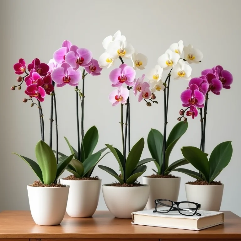 Arranjo de orquídeas em vasos minimalistas para decoração de quarto de casal