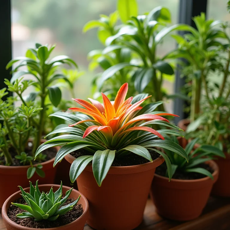 Arranjo de plantas nativas brasileiras em vasos de terracota.