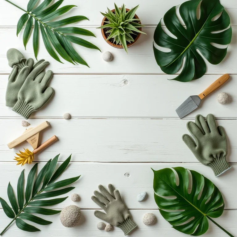 Arranjo de plantas tropicais e ferramentas de jardinagem