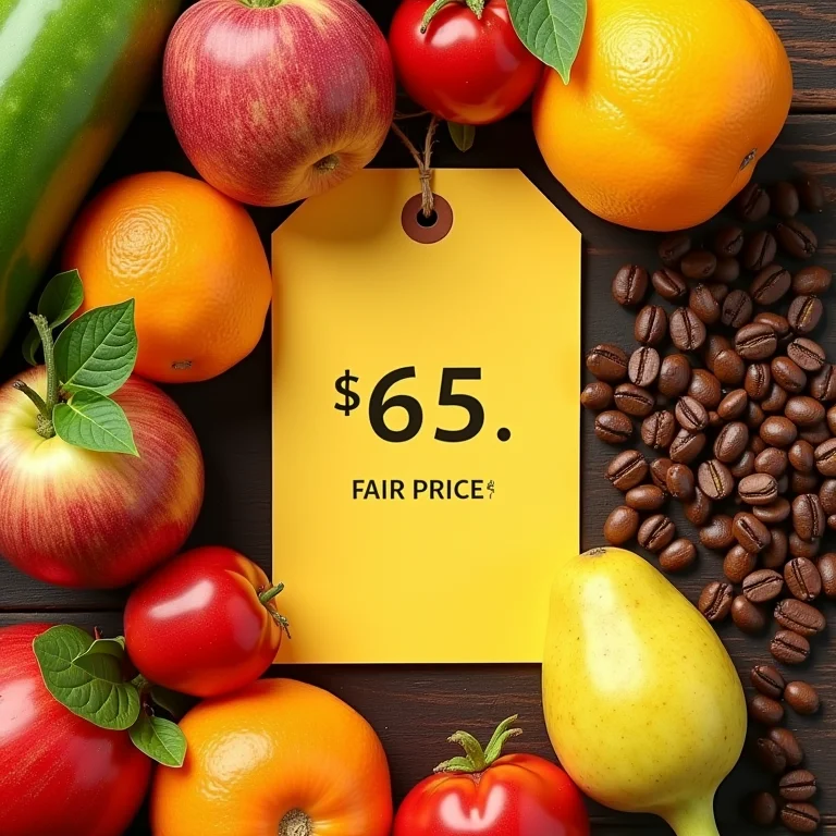 Arranjo de produtos frescos com etiquetas de preço, representando preços justos para produtores.