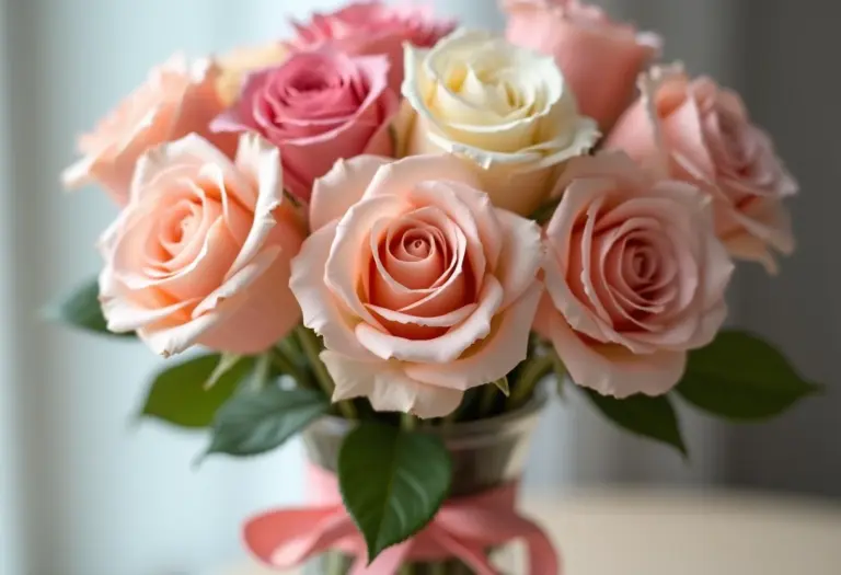 Arranjo elegante de rosas em tons pastel para decoração de quarto de casal