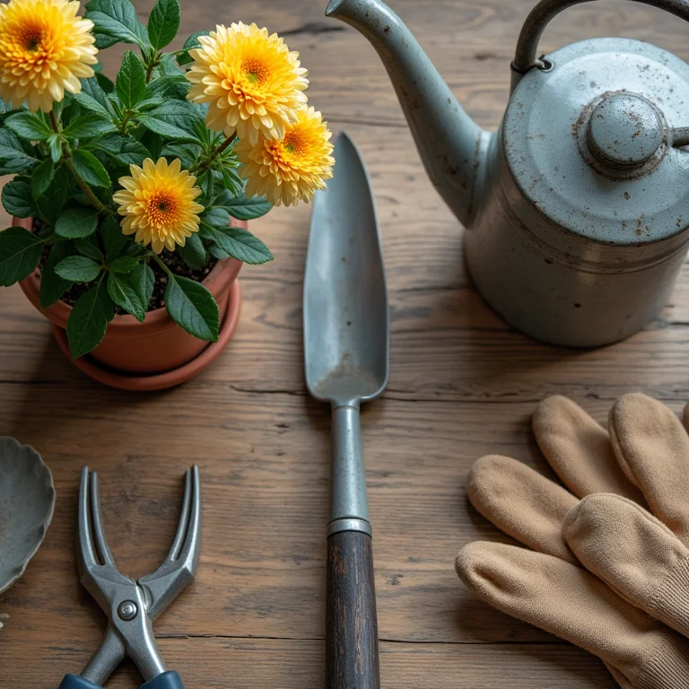 Arranjo estético com crisântemo, ferramentas de jardinagem e luvas sobre mesa de madeira