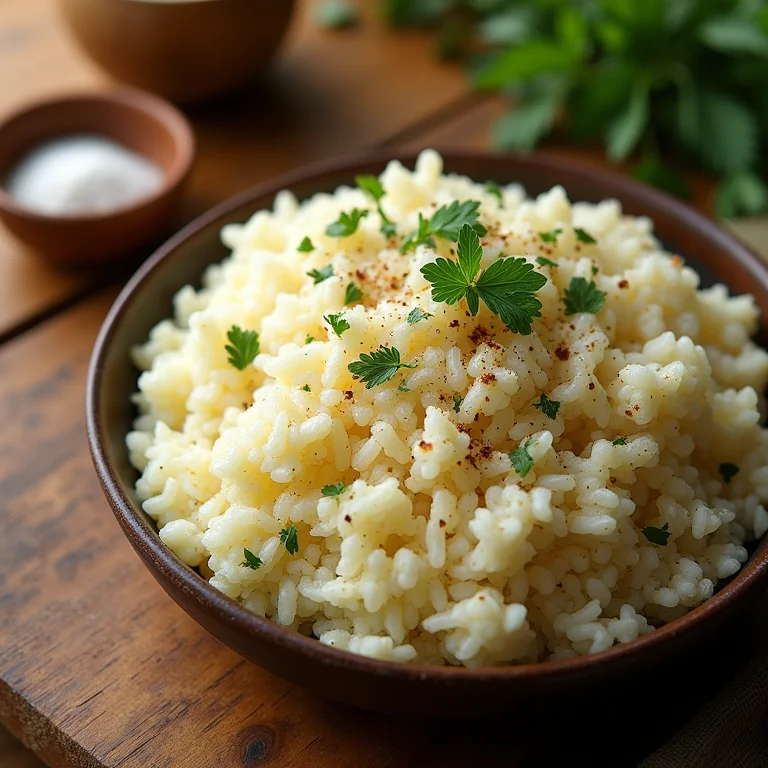 Arroz de couve-flor em flat lay