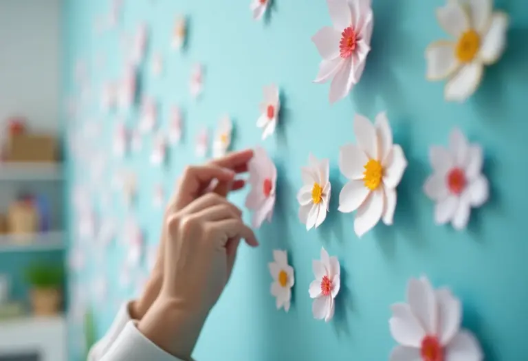 Artesã branca colando delicadas flores de papel em uma parede azul clara.