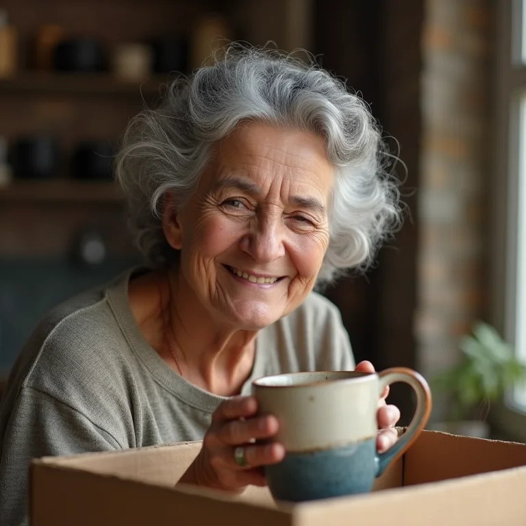 Artesã brasileira de meia-idade embalando caneca de cerâmica para envio