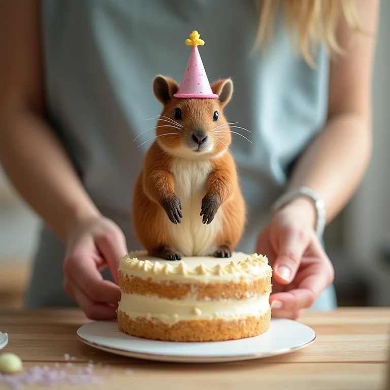Artesã colocando topo de bolo de capivara com chapéu de festa em bolo