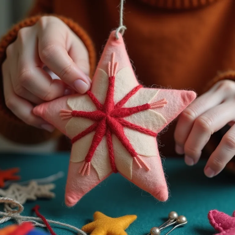 Artesã costurando estrela de feltro colorida