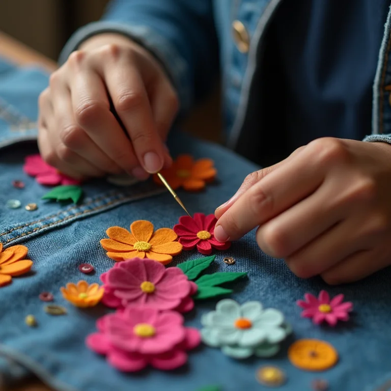 Artesã costurando flor de feltro em jaqueta jeans