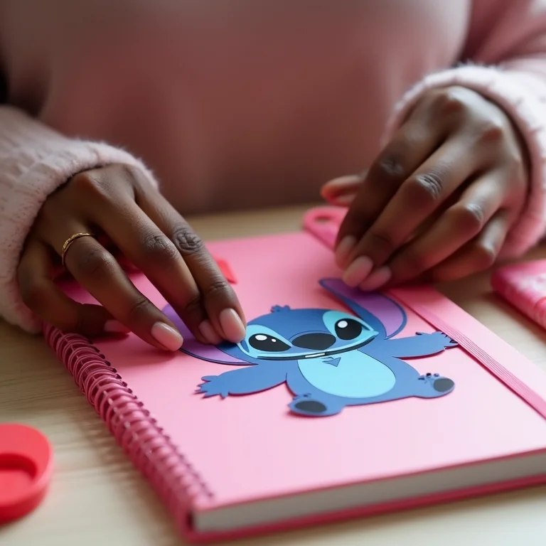 Artesã criando capa de caderno Stitch apaixonado