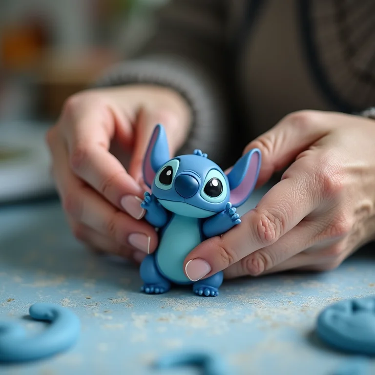 Artesã moldando topo de bolo do Stitch em biscuit