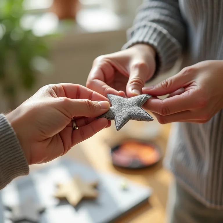 Artesã montando guirlanda de estrelas de feltro