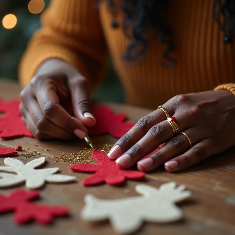 Artesã negra colando peças de rena de feltro com cola glitter