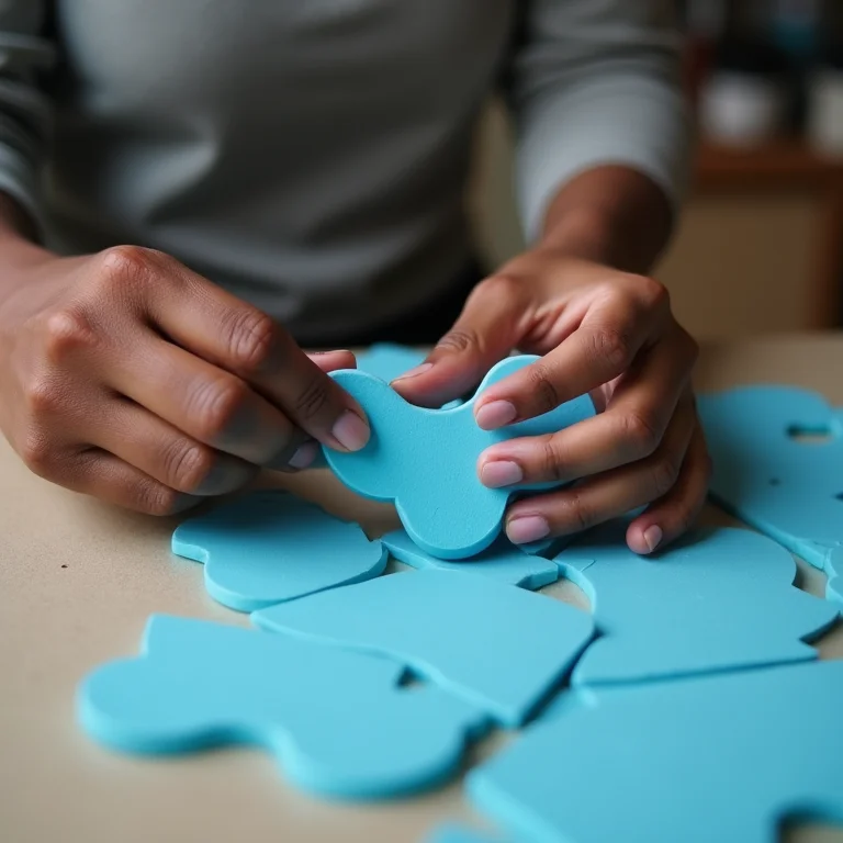 Artesã negra colando topo de bolo do Stitch feito de EVA azul