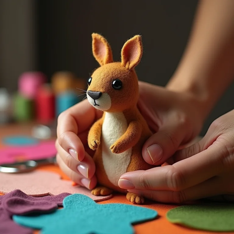 Artesã negra costurando à mão um topo de bolo de capivara em feltro marrom