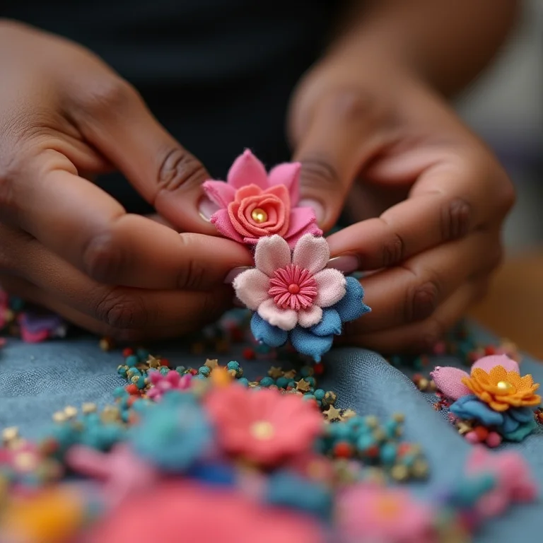 Artesã negra criando acessórios de cabelo com flores de tecido