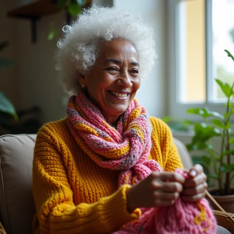 Artesã negra e sênior sorrindo enquanto tricota.