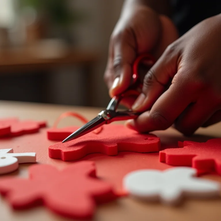 Artesã negra recortando EVA vermelho para fazer Papai Noel