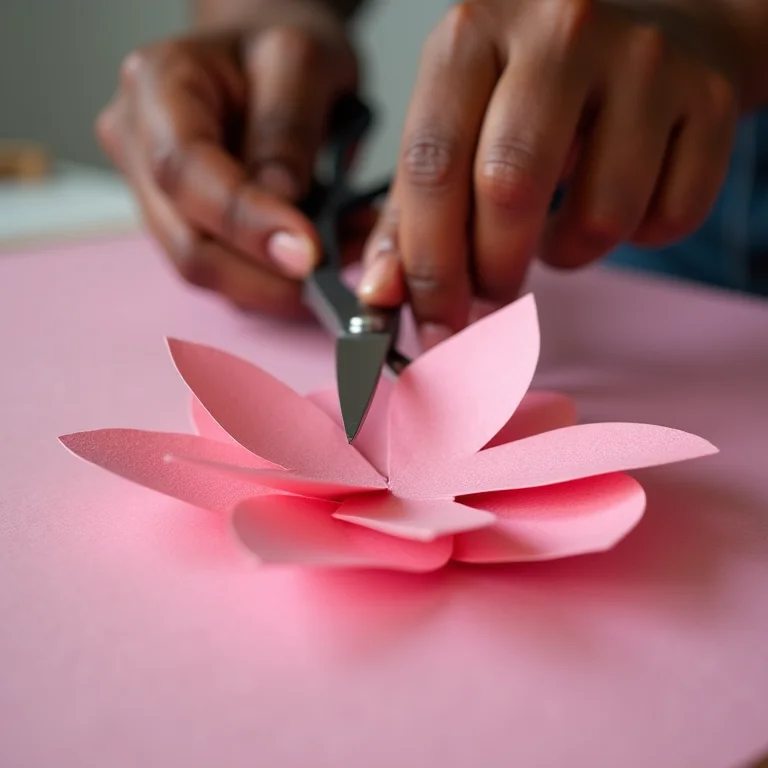 Artesã negra recortando flor de papel rosa.