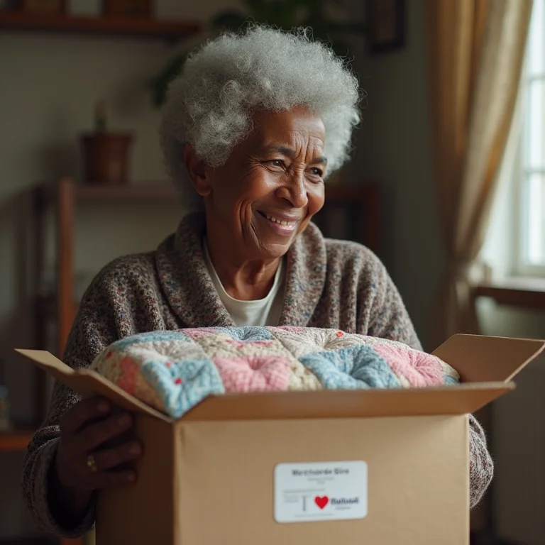 Artesã negra sênior embalando colcha para envio no Mercado Livre