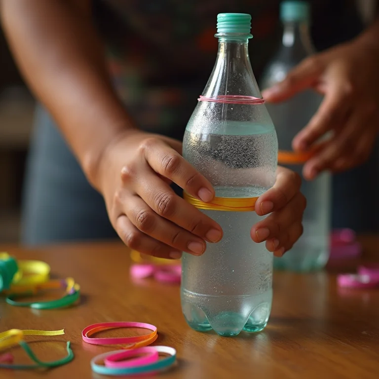 Artesã preparando jogo de argolas com garrafas PET para festa junina