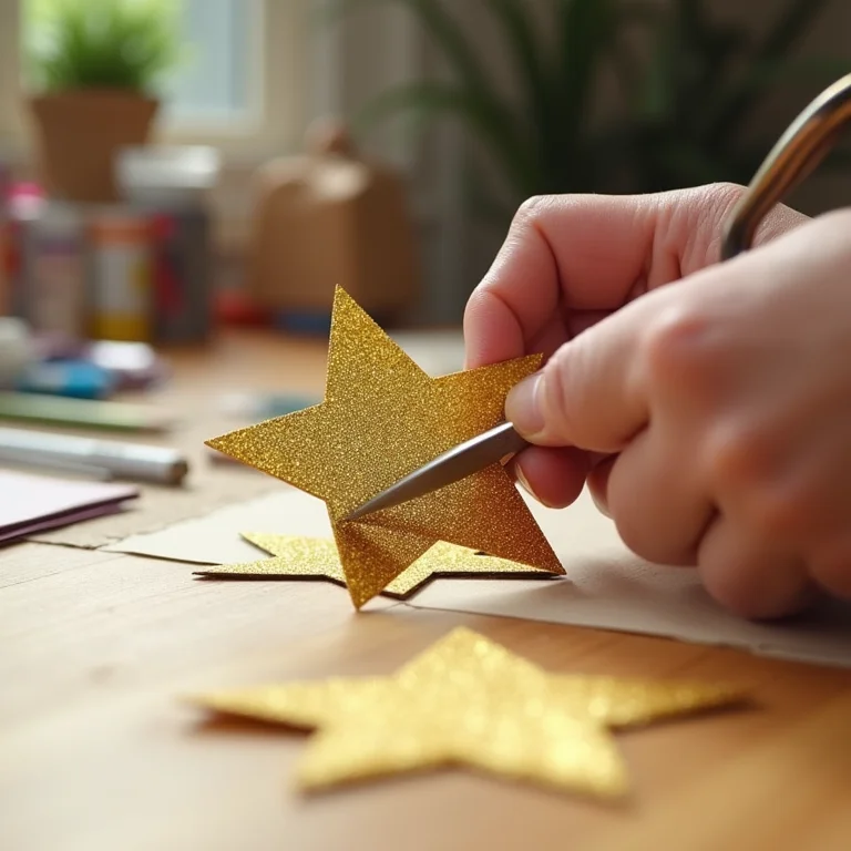 Artesã recortando estrela de papel dourado com glitter