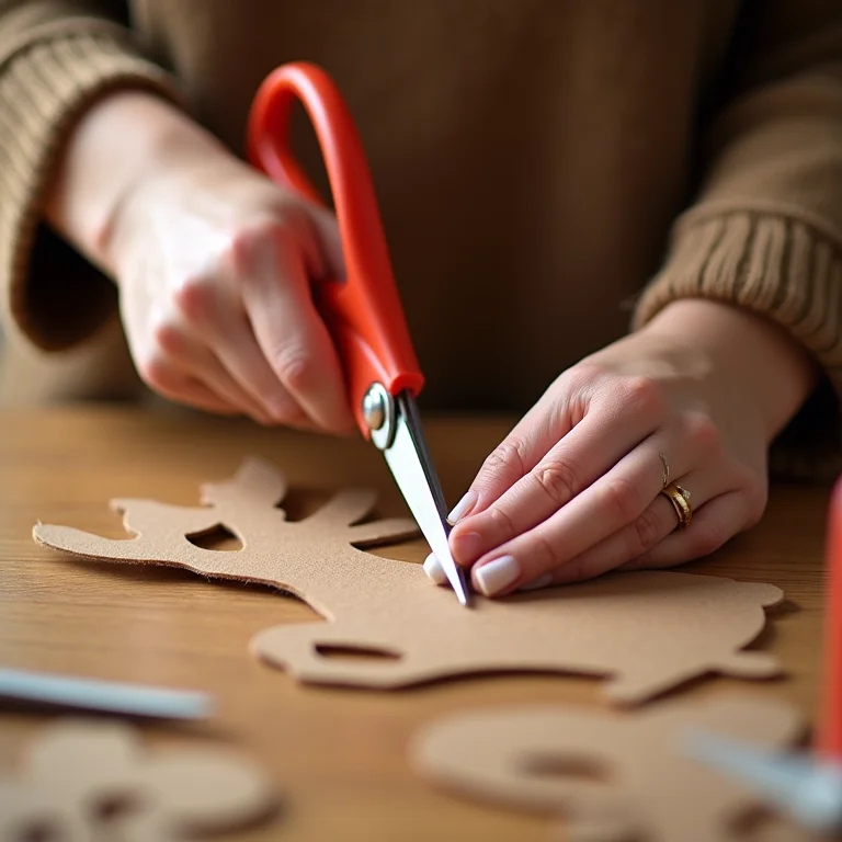 Artesã recortando feltro marrom com molde de rena