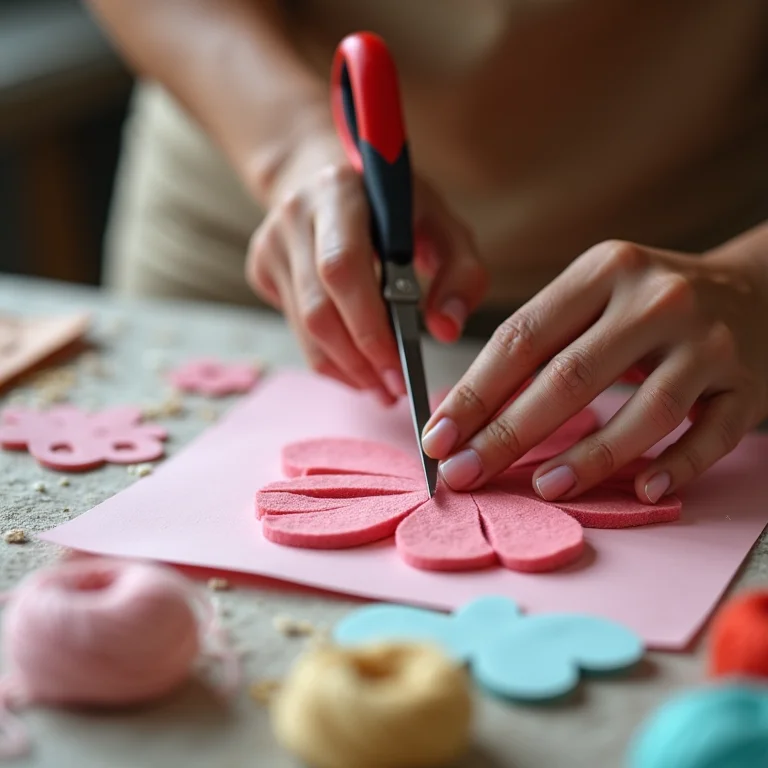 Artesã recortando flor de feltro rosa com molde de papel