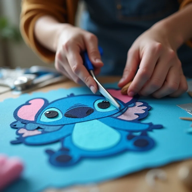 Artesã recortando molde de feltro azul do Stitch