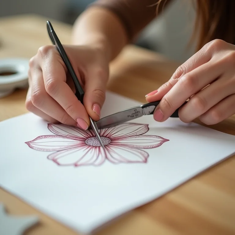 Artesã recortando molde de flor de papel com tesoura