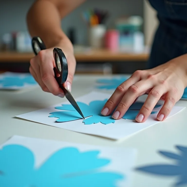 Artesã recortando topo de bolo do Stitch em papel azul