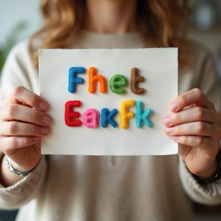 Artesã segurando banner com letras de feltro coloridas