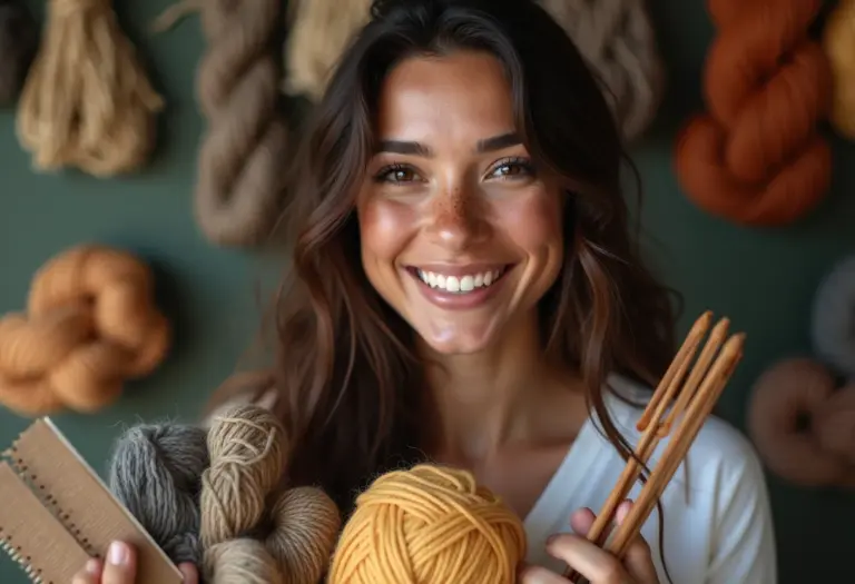 Artesã sorrindo cercada por materiais de artesanato.