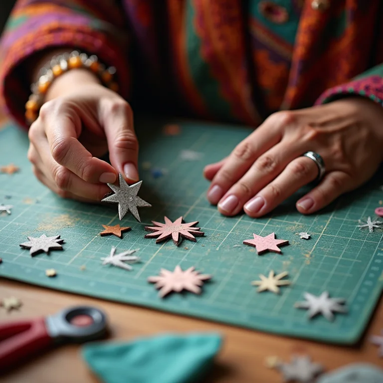 Artesã usando gabarito de estrela para corte de tecido