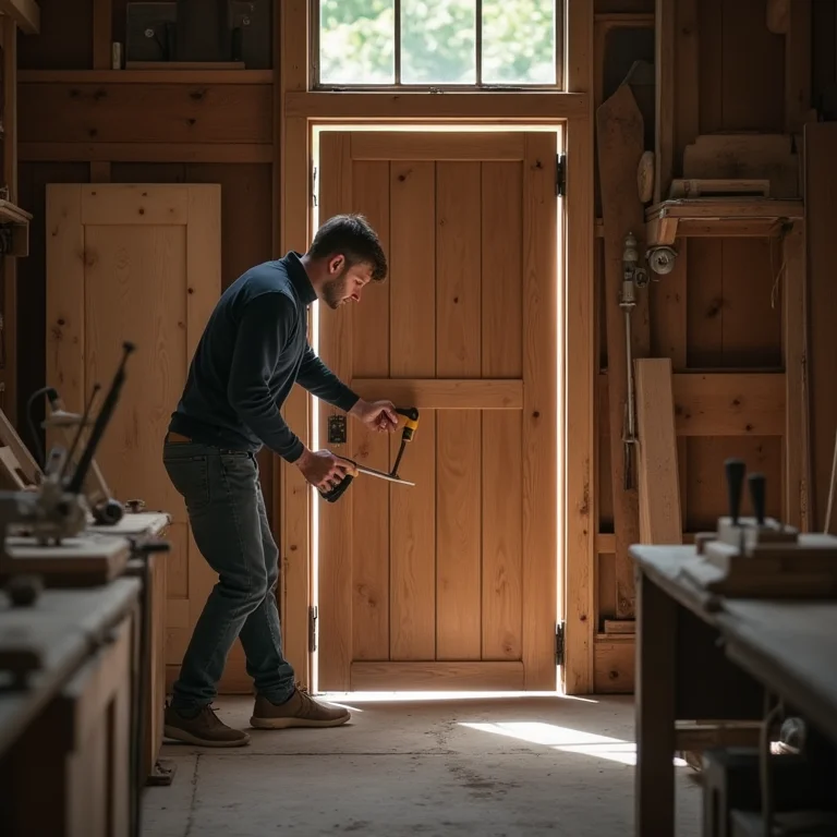 Artesão trabalhando na fabricação de um portão de madeira maciça.