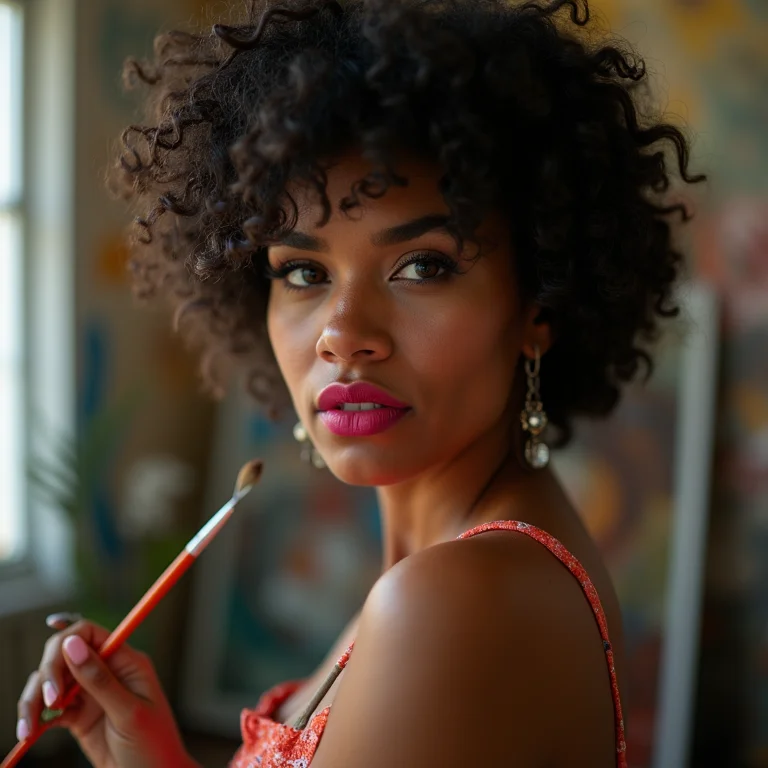 Artista brasileira parda com batom vibrante e pincel