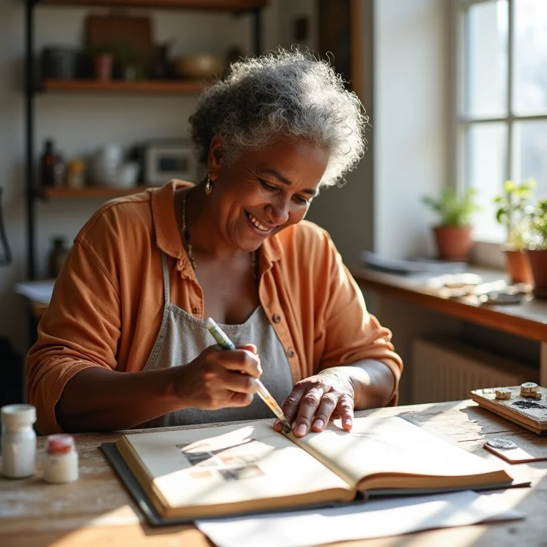 Artista sênior criando colagens para seu livro.