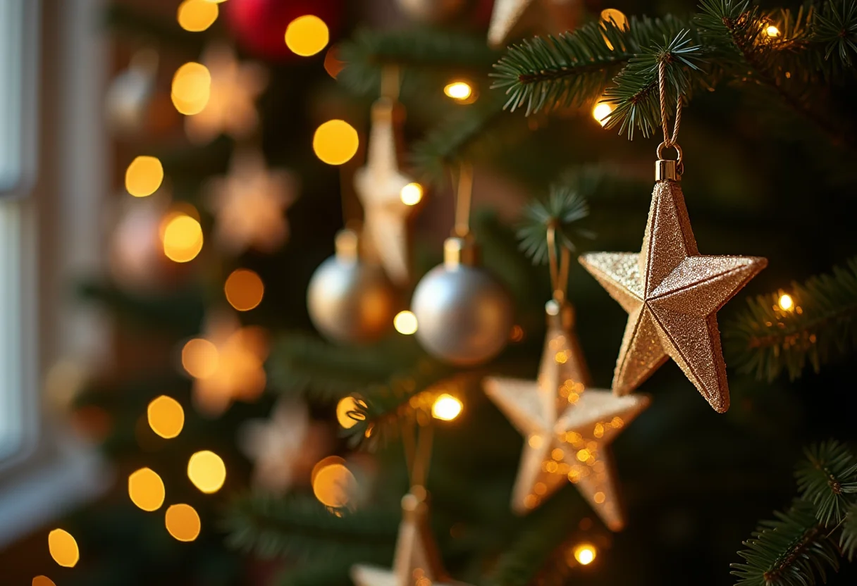 Molde de estrela grande: o segredo para um artesanato perfeito Árvore de Natal decorada com enfeites de estrela artesanais