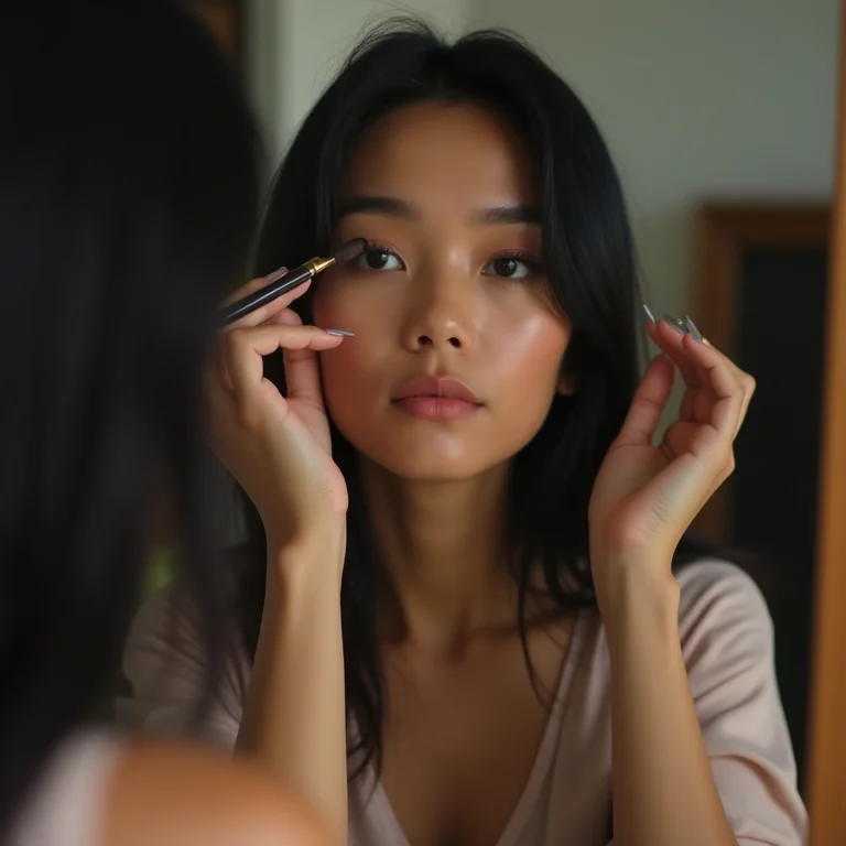 Asiática-brasileira aplicando sombra nos olhos