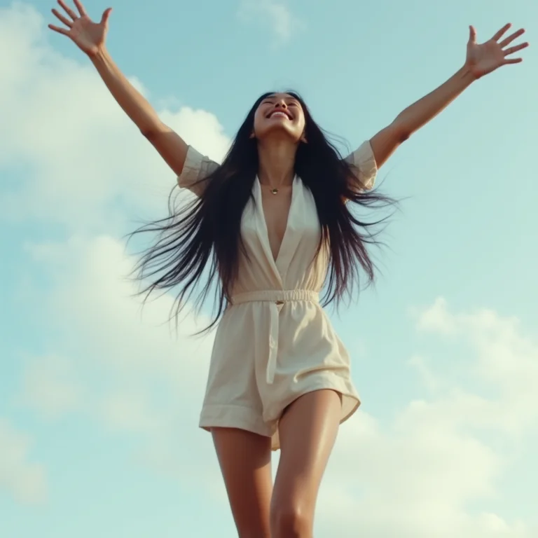 Asiática-brasileira sorrindo, sensação de voar